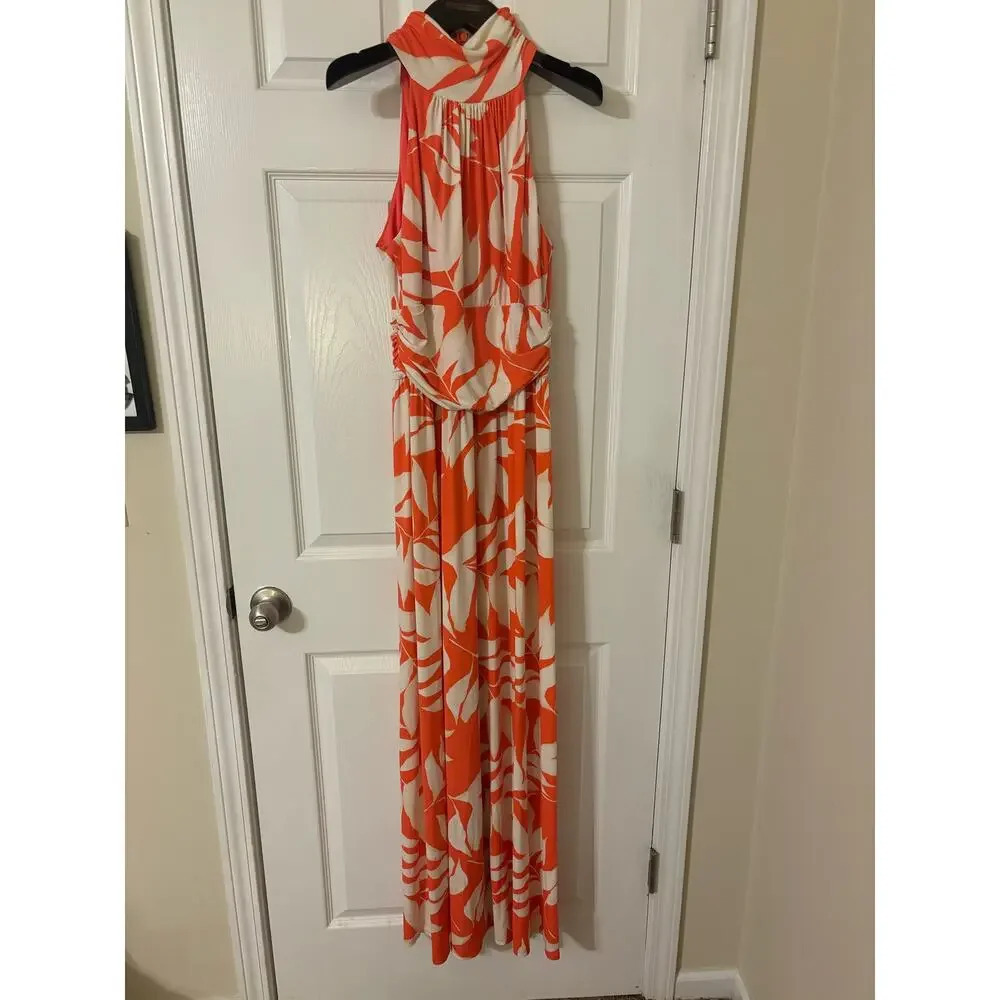 Eliza J halter tropical vacation coral pink maxi dress sz 8